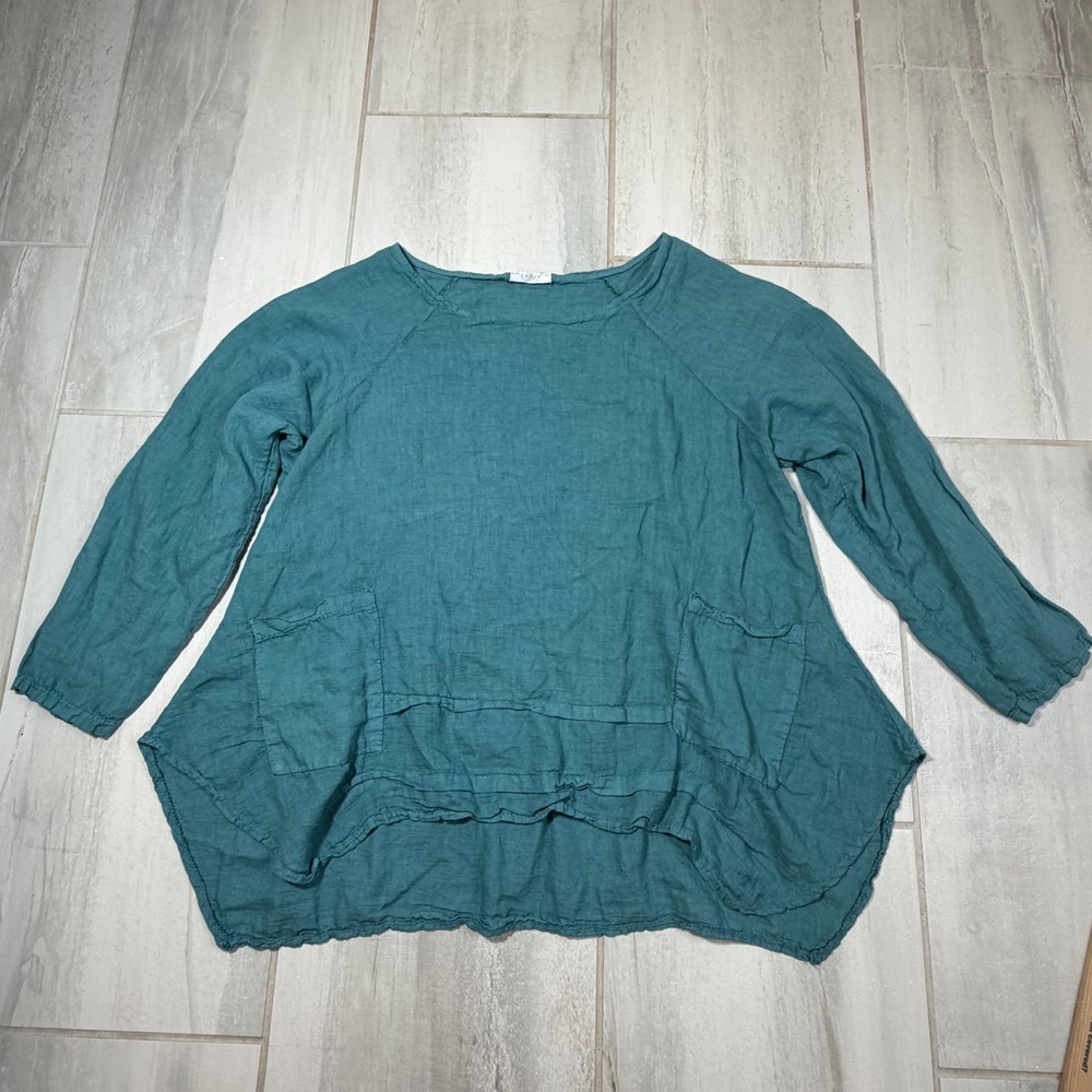 Envy Italy Teal Green 100% Linen Sharkbite Tunic Top Pockets Oversized Lagenlook